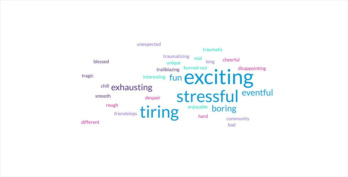 Students from all grade levels give their input on this question: 'If you could describe your first semester at Richland with one word, what would it be? Their responses are displayed in a word cloud. The most used words were exciting and stressful.